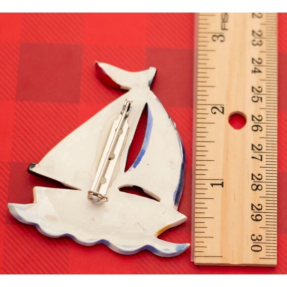 Vintage Art Deco Sailboat Porcelain Delicate Brooch - O8 - Picture 2 of 2